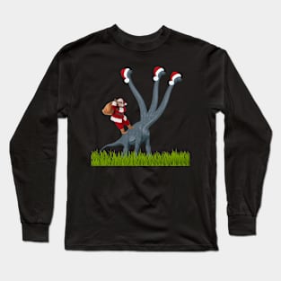 Dinosaur celebrates Christmas with Santa Claus | 3-necked dinosaur | Merry Xmas Long Sleeve T-Shirt